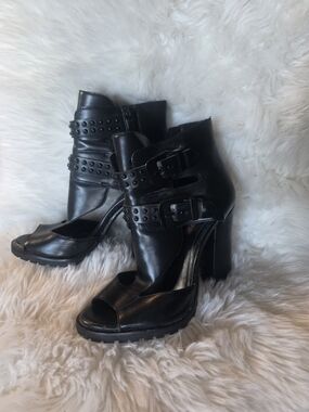 BCBGeneration Black Studded Buckle Heeled Booties | Moto Chic Grunge
